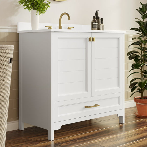 English Elm Haven Bathroom Vanity with Elegant Carrara Marble Countertop, Soft-Close Storage & Easy Assembly White Frame/Gold Hardware 36" FS-BN-4-36-KD-WH-HDGLD-GG