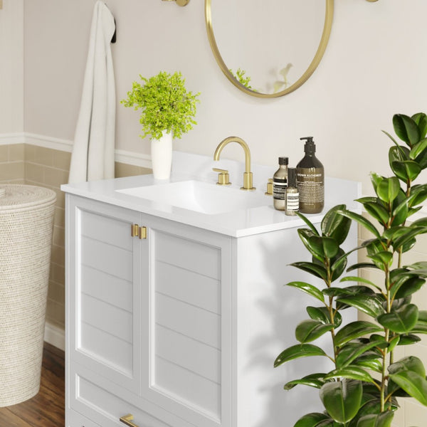 English Elm Haven Bathroom Vanity with Elegant Carrara Marble Countertop, Soft-Close Storage & Easy Assembly White Frame/Gold Hardware 36" FS-BN-4-36-KD-WH-HDGLD-GG