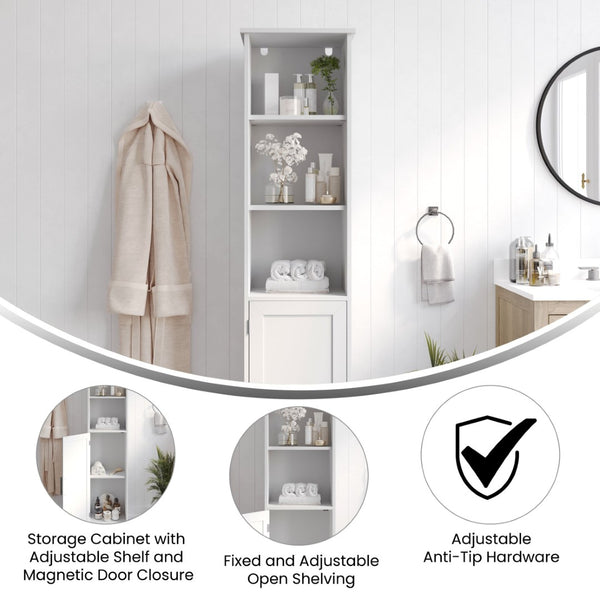 English Elm Vega Freestanding Linen Tower Cabinet for Stylish Bathroom Storage with Adjustable Shelves & Magnetic Door White FS-VEGA-BATH-2-WH-GG