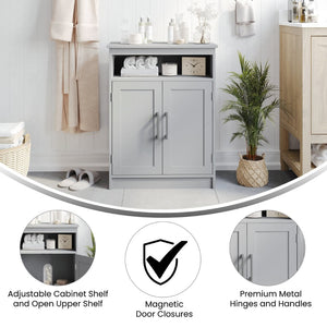 English Elm Vega Bathroom Storage Cabinet Organizer with Magnetic Doors, Adjustable Shelf, and Open Display Top Gray FS-VEGA-BATH-4-GY-GG