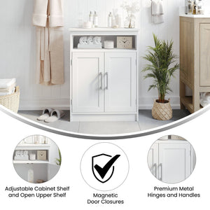 English Elm Vega Bathroom Storage Cabinet Organizer with Magnetic Doors, Adjustable Shelf, and Open Display Top White FS-VEGA-BATH-4-WH-GG