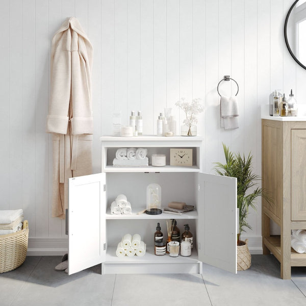 English Elm Vega Bathroom Storage Cabinet Organizer with Magnetic Doors, Adjustable Shelf, and Open Display Top White FS-VEGA-BATH-4-WH-GG