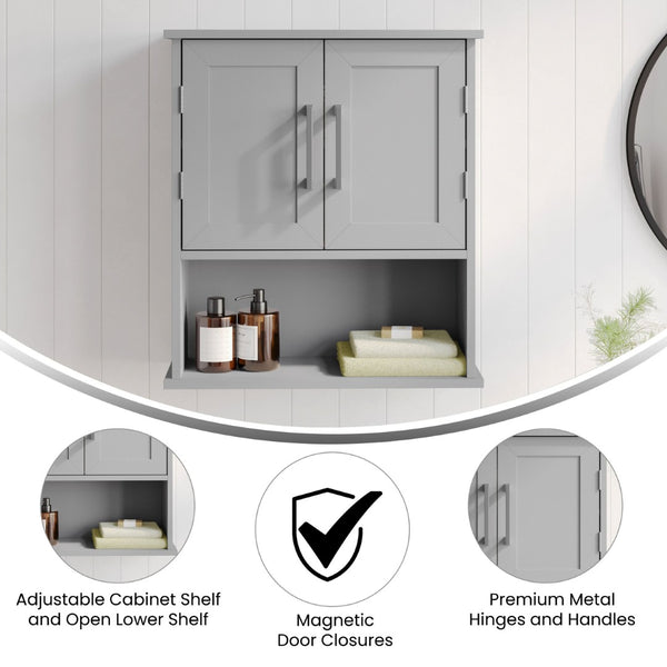 English Elm Vega Wall-Mounted Bathroom Medicine Cabinet with Magnetic Doors, Adjustable Shelf, and Open Storage Gray FS-VEGA-BATH-5-GY-GG