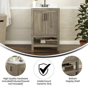 English Elm Vega Bathroom Vanity with Sink Combo - Stylish Carrara Marble Countertop, Soft-Close Doors & Storage Brown 24" FS-VEGA24-BR-GG