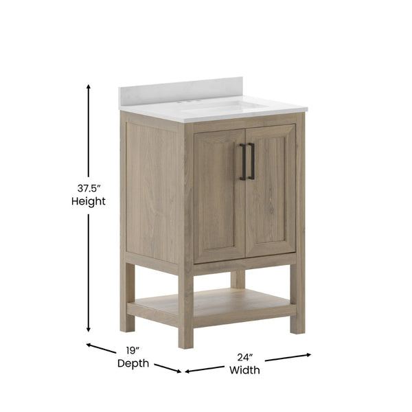 English Elm Vega Bathroom Vanity with Sink Combo - Stylish Carrara Marble Countertop, Soft-Close Doors & Storage Brown 24" FS-VEGA24-BR-GG