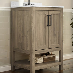 English Elm Vega Bathroom Vanity with Sink Combo - Stylish Carrara Marble Countertop, Soft-Close Doors & Storage Brown 24" FS-VEGA24-BR-GG