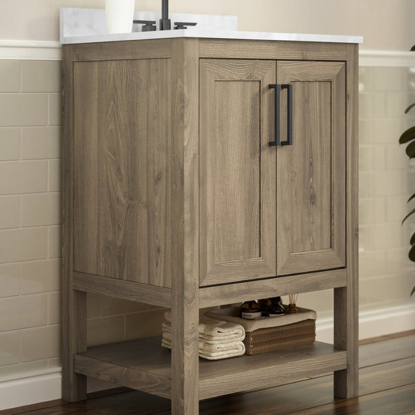 English Elm Vega Bathroom Vanity with Sink Combo - Stylish Carrara Marble Countertop, Soft-Close Doors & Storage Brown 24" FS-VEGA24-BR-GG