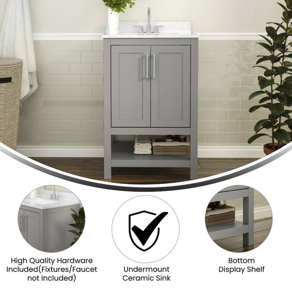 English Elm Vega Bathroom Vanity with Sink Combo - Stylish Carrara Marble Countertop, Soft-Close Doors & Storage Gray 24" FS-VEGA24-GY-GG