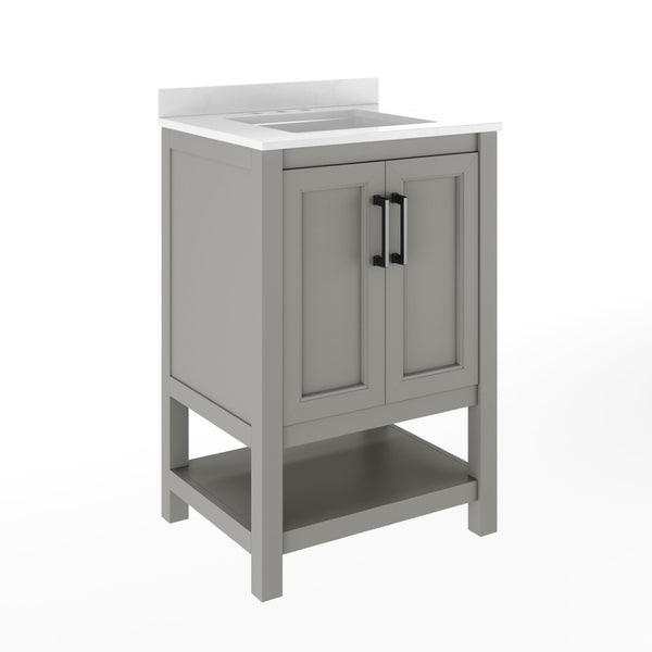 English Elm Vega Bathroom Vanity with Sink Combo - Stylish Carrara Marble Countertop, Soft-Close Doors & Storage Gray Frame/Black Hardware 24" FS-VEGA24-GY-HDBLK-GG