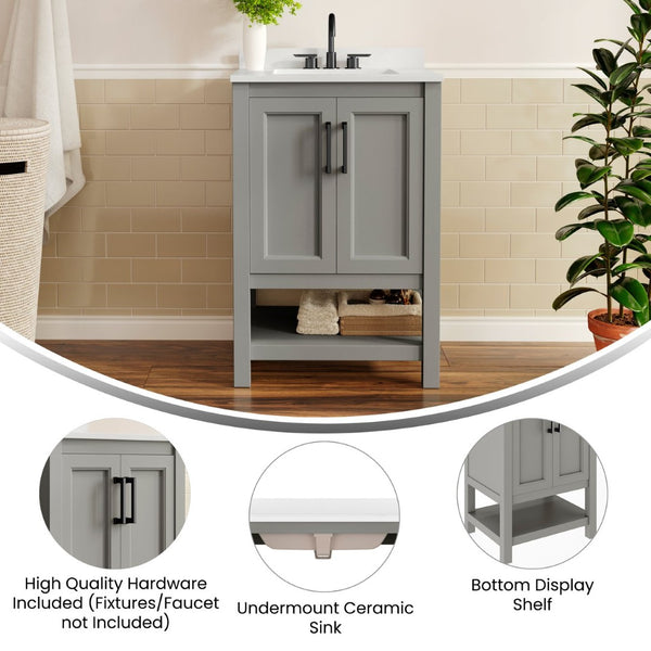 English Elm Vega Bathroom Vanity with Sink Combo - Stylish Carrara Marble Countertop, Soft-Close Doors & Storage Gray Frame/Black Hardware 24" FS-VEGA24-GY-HDBLK-GG
