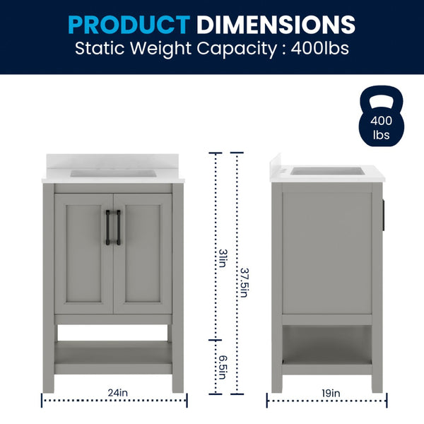 English Elm Vega Bathroom Vanity with Sink Combo - Stylish Carrara Marble Countertop, Soft-Close Doors & Storage Gray Frame/Black Hardware 24" FS-VEGA24-GY-HDBLK-GG