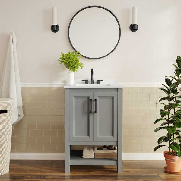 English Elm Vega Bathroom Vanity with Sink Combo - Stylish Carrara Marble Countertop, Soft-Close Doors & Storage Gray Frame/Black Hardware 24" FS-VEGA24-GY-HDBLK-GG