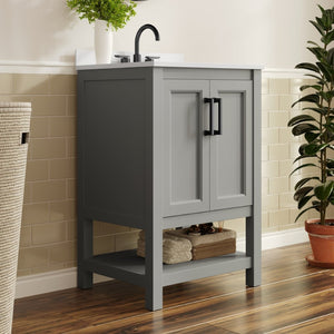 English Elm Vega Bathroom Vanity with Sink Combo - Stylish Carrara Marble Countertop, Soft-Close Doors & Storage Gray Frame/Black Hardware 24" FS-VEGA24-GY-HDBLK-GG