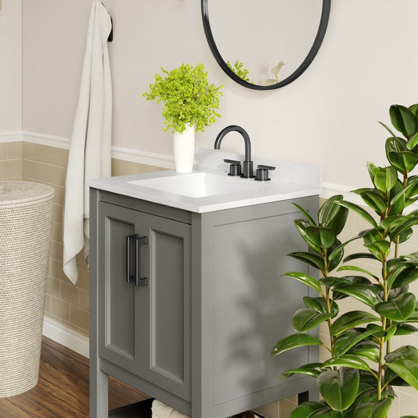 English Elm Vega Bathroom Vanity with Sink Combo - Stylish Carrara Marble Countertop, Soft-Close Doors & Storage Gray Frame/Black Hardware 24" FS-VEGA24-GY-HDBLK-GG