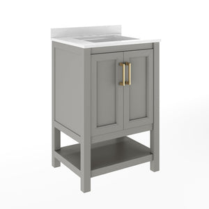 English Elm Vega Bathroom Vanity with Sink Combo - Stylish Carrara Marble Countertop, Soft-Close Doors & Storage Gray Frame/Gold Hardware 24" FS-VEGA24-GY-HDGLD-GG