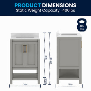 English Elm Vega Bathroom Vanity with Sink Combo - Stylish Carrara Marble Countertop, Soft-Close Doors & Storage Gray Frame/Gold Hardware 24" FS-VEGA24-GY-HDGLD-GG