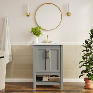 English Elm Vega Bathroom Vanity with Sink Combo - Stylish Carrara Marble Countertop, Soft-Close Doors & Storage Gray Frame/Gold Hardware 24" FS-VEGA24-GY-HDGLD-GG