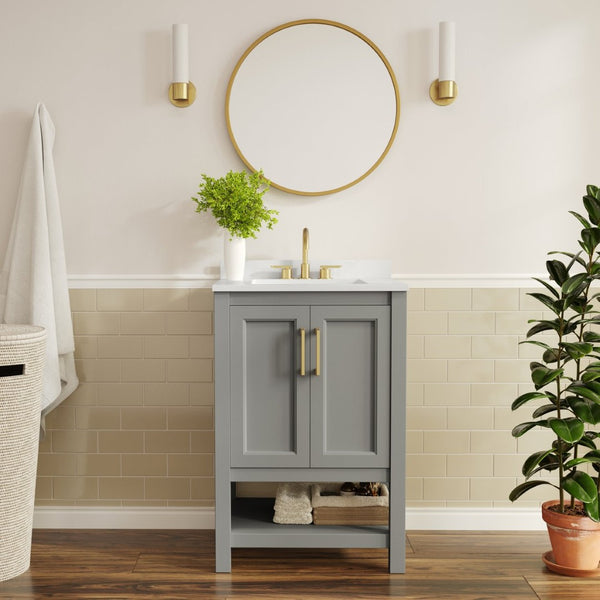 English Elm Vega Bathroom Vanity with Sink Combo - Stylish Carrara Marble Countertop, Soft-Close Doors & Storage Gray Frame/Gold Hardware 24" FS-VEGA24-GY-HDGLD-GG