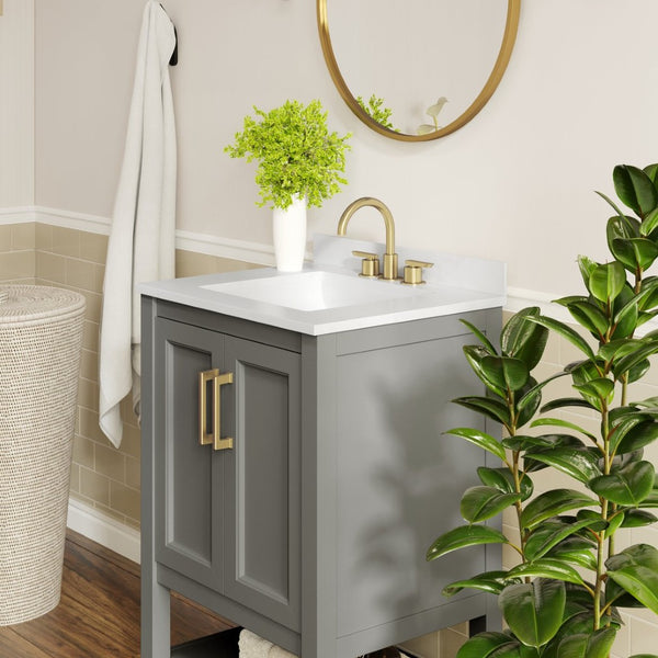 English Elm Vega Bathroom Vanity with Sink Combo - Stylish Carrara Marble Countertop, Soft-Close Doors & Storage Gray Frame/Gold Hardware 24" FS-VEGA24-GY-HDGLD-GG