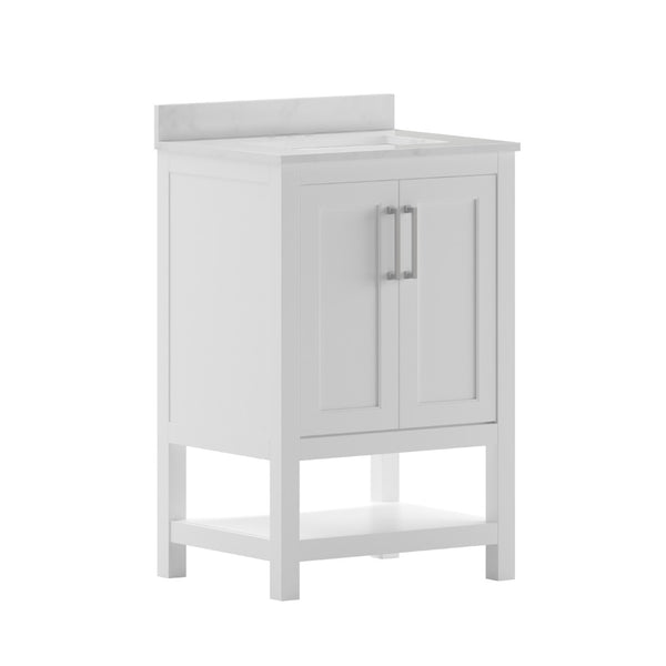 English Elm Vega Bathroom Vanity with Sink Combo - Stylish Carrara Marble Countertop, Soft-Close Doors & Storage White 24" FS-VEGA24-WH-GG