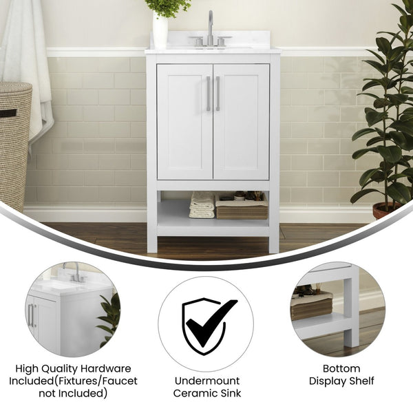 English Elm Vega Bathroom Vanity with Sink Combo - Stylish Carrara Marble Countertop, Soft-Close Doors & Storage White 24" FS-VEGA24-WH-GG