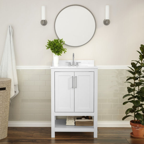 English Elm Vega Bathroom Vanity with Sink Combo - Stylish Carrara Marble Countertop, Soft-Close Doors & Storage White 24" FS-VEGA24-WH-GG