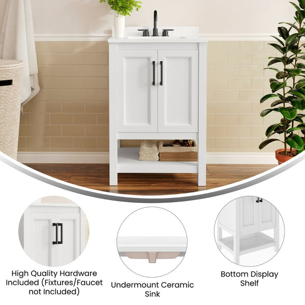English Elm Vega Bathroom Vanity with Sink Combo - Stylish Carrara Marble Countertop, Soft-Close Doors & Storage White Frame/Black Hardware 24" FS-VEGA24-WH-HDBLK-GG