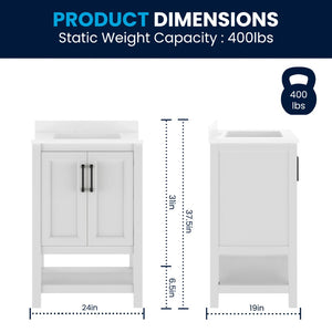 English Elm Vega Bathroom Vanity with Sink Combo - Stylish Carrara Marble Countertop, Soft-Close Doors & Storage White Frame/Black Hardware 24" FS-VEGA24-WH-HDBLK-GG