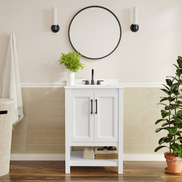 English Elm Vega Bathroom Vanity with Sink Combo - Stylish Carrara Marble Countertop, Soft-Close Doors & Storage White Frame/Black Hardware 24" FS-VEGA24-WH-HDBLK-GG