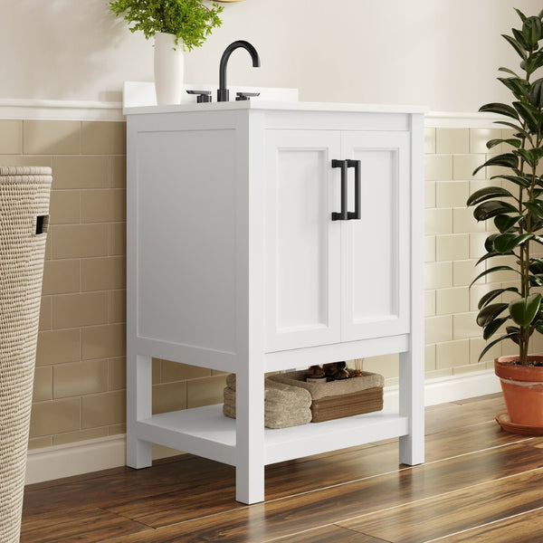 English Elm Vega Bathroom Vanity with Sink Combo - Stylish Carrara Marble Countertop, Soft-Close Doors & Storage White Frame/Black Hardware 24" FS-VEGA24-WH-HDBLK-GG