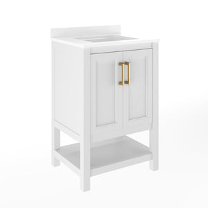 English Elm Vega Bathroom Vanity with Sink Combo - Stylish Carrara Marble Countertop, Soft-Close Doors & Storage White Frame/Gold Hardware 24" FS-VEGA24-WH-HDGLD-GG