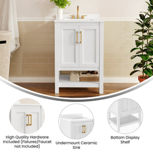 English Elm Vega Bathroom Vanity with Sink Combo - Stylish Carrara Marble Countertop, Soft-Close Doors & Storage White Frame/Gold Hardware 24" FS-VEGA24-WH-HDGLD-GG
