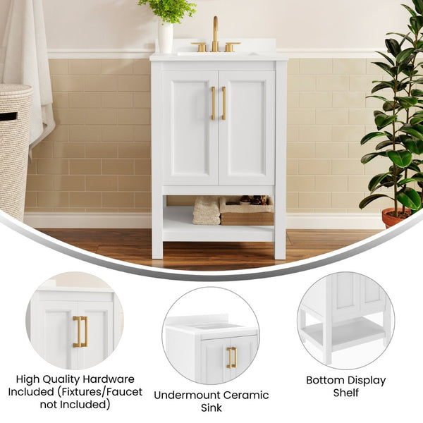 English Elm Vega Bathroom Vanity with Sink Combo - Stylish Carrara Marble Countertop, Soft-Close Doors & Storage White Frame/Gold Hardware 24" FS-VEGA24-WH-HDGLD-GG