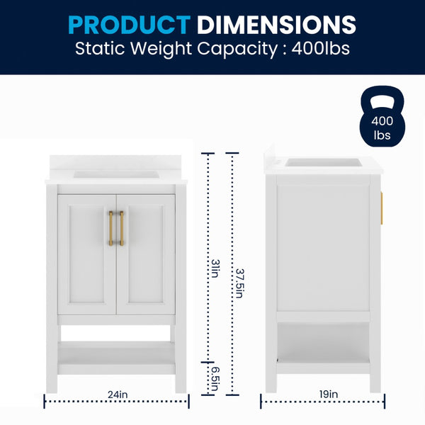 English Elm Vega Bathroom Vanity with Sink Combo - Stylish Carrara Marble Countertop, Soft-Close Doors & Storage White Frame/Gold Hardware 24" FS-VEGA24-WH-HDGLD-GG