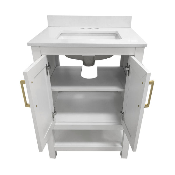 English Elm Vega Bathroom Vanity with Sink Combo - Stylish Carrara Marble Countertop, Soft-Close Doors & Storage White Frame/Gold Hardware 24" FS-VEGA24-WH-HDGLD-GG