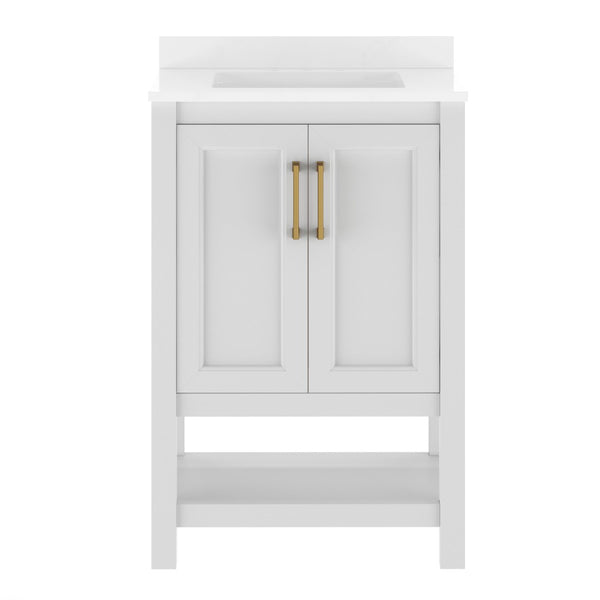 English Elm Vega Bathroom Vanity with Sink Combo - Stylish Carrara Marble Countertop, Soft-Close Doors & Storage White Frame/Gold Hardware 24" FS-VEGA24-WH-HDGLD-GG