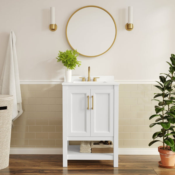 English Elm Vega Bathroom Vanity with Sink Combo - Stylish Carrara Marble Countertop, Soft-Close Doors & Storage White Frame/Gold Hardware 24" FS-VEGA24-WH-HDGLD-GG