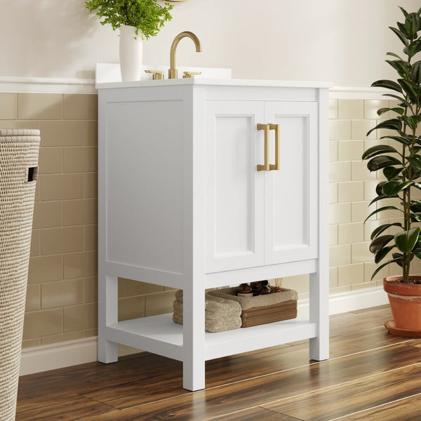 English Elm Vega Bathroom Vanity with Sink Combo - Stylish Carrara Marble Countertop, Soft-Close Doors & Storage White Frame/Gold Hardware 24" FS-VEGA24-WH-HDGLD-GG