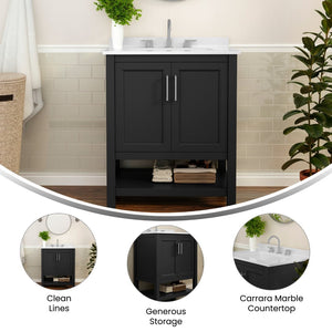 English Elm Vega Bathroom Vanity with Sink Combo - Stylish Carrara Marble Countertop, Soft-Close Doors & Storage Black Frame/Nickel Hardware 30" FS-VEGA30-BK-GG