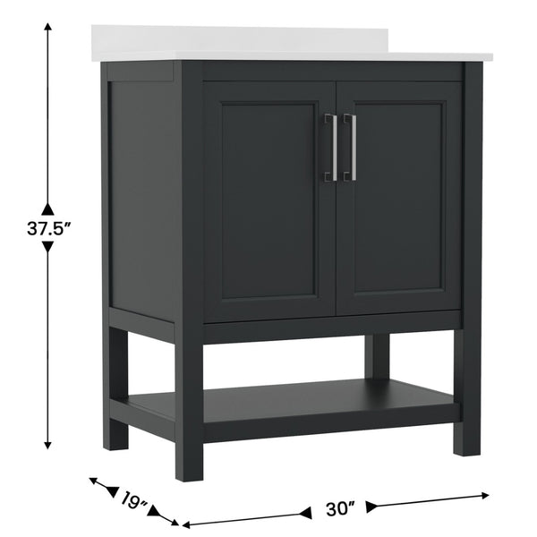 English Elm Vega Bathroom Vanity with Sink Combo - Stylish Carrara Marble Countertop, Soft-Close Doors & Storage Black Frame/Nickel Hardware 30" FS-VEGA30-BK-GG