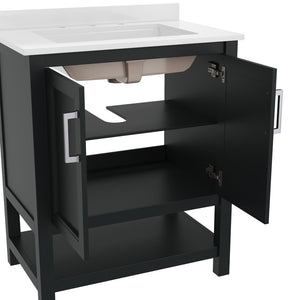 English Elm Vega Bathroom Vanity with Sink Combo - Stylish Carrara Marble Countertop, Soft-Close Doors & Storage Black Frame/Nickel Hardware 30" FS-VEGA30-BK-GG