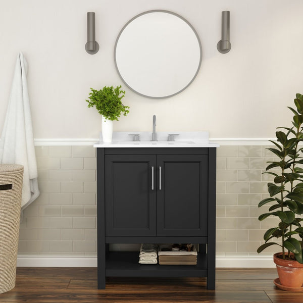 English Elm Vega Bathroom Vanity with Sink Combo - Stylish Carrara Marble Countertop, Soft-Close Doors & Storage Black Frame/Nickel Hardware 30" FS-VEGA30-BK-GG