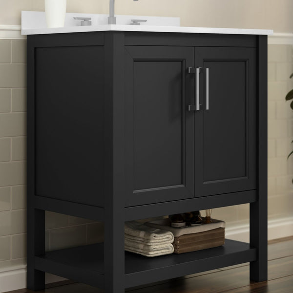 English Elm Vega Bathroom Vanity with Sink Combo - Stylish Carrara Marble Countertop, Soft-Close Doors & Storage Black Frame/Nickel Hardware 30" FS-VEGA30-BK-GG