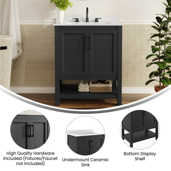 English Elm Vega Bathroom Vanity with Sink Combo - Stylish Carrara Marble Countertop, Soft-Close Doors & Storage Black Frame/Black Hardware 30" FS-VEGA30-BK-HDBLK-GG