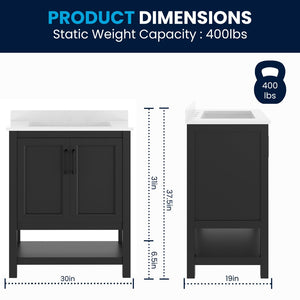 English Elm Vega Bathroom Vanity with Sink Combo - Stylish Carrara Marble Countertop, Soft-Close Doors & Storage Black Frame/Black Hardware 30" FS-VEGA30-BK-HDBLK-GG