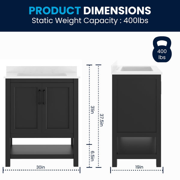 English Elm Vega Bathroom Vanity with Sink Combo - Stylish Carrara Marble Countertop, Soft-Close Doors & Storage Black Frame/Black Hardware 30" FS-VEGA30-BK-HDBLK-GG