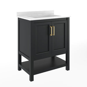 English Elm Vega Bathroom Vanity with Sink Combo - Stylish Carrara Marble Countertop, Soft-Close Doors & Storage Black Frame/Gold Hardware 30" FS-VEGA30-BK-HDGLD-GG