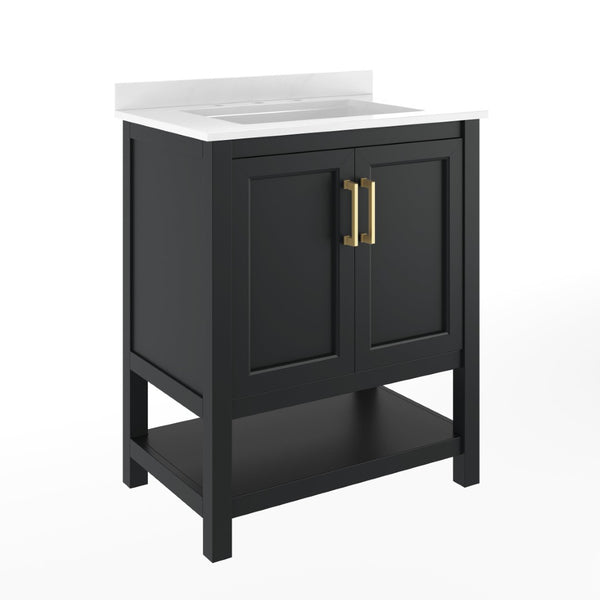 English Elm Vega Bathroom Vanity with Sink Combo - Stylish Carrara Marble Countertop, Soft-Close Doors & Storage Black Frame/Gold Hardware 30" FS-VEGA30-BK-HDGLD-GG