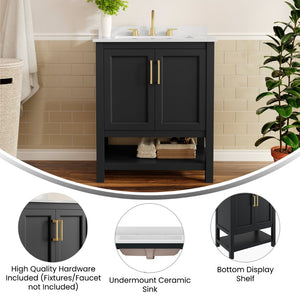 English Elm Vega Bathroom Vanity with Sink Combo - Stylish Carrara Marble Countertop, Soft-Close Doors & Storage Black Frame/Gold Hardware 30" FS-VEGA30-BK-HDGLD-GG
