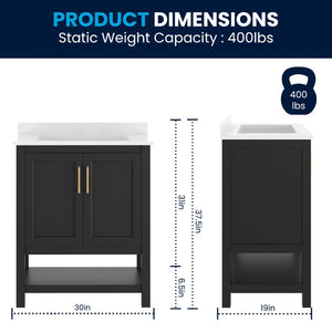 English Elm Vega Bathroom Vanity with Sink Combo - Stylish Carrara Marble Countertop, Soft-Close Doors & Storage Black Frame/Gold Hardware 30" FS-VEGA30-BK-HDGLD-GG